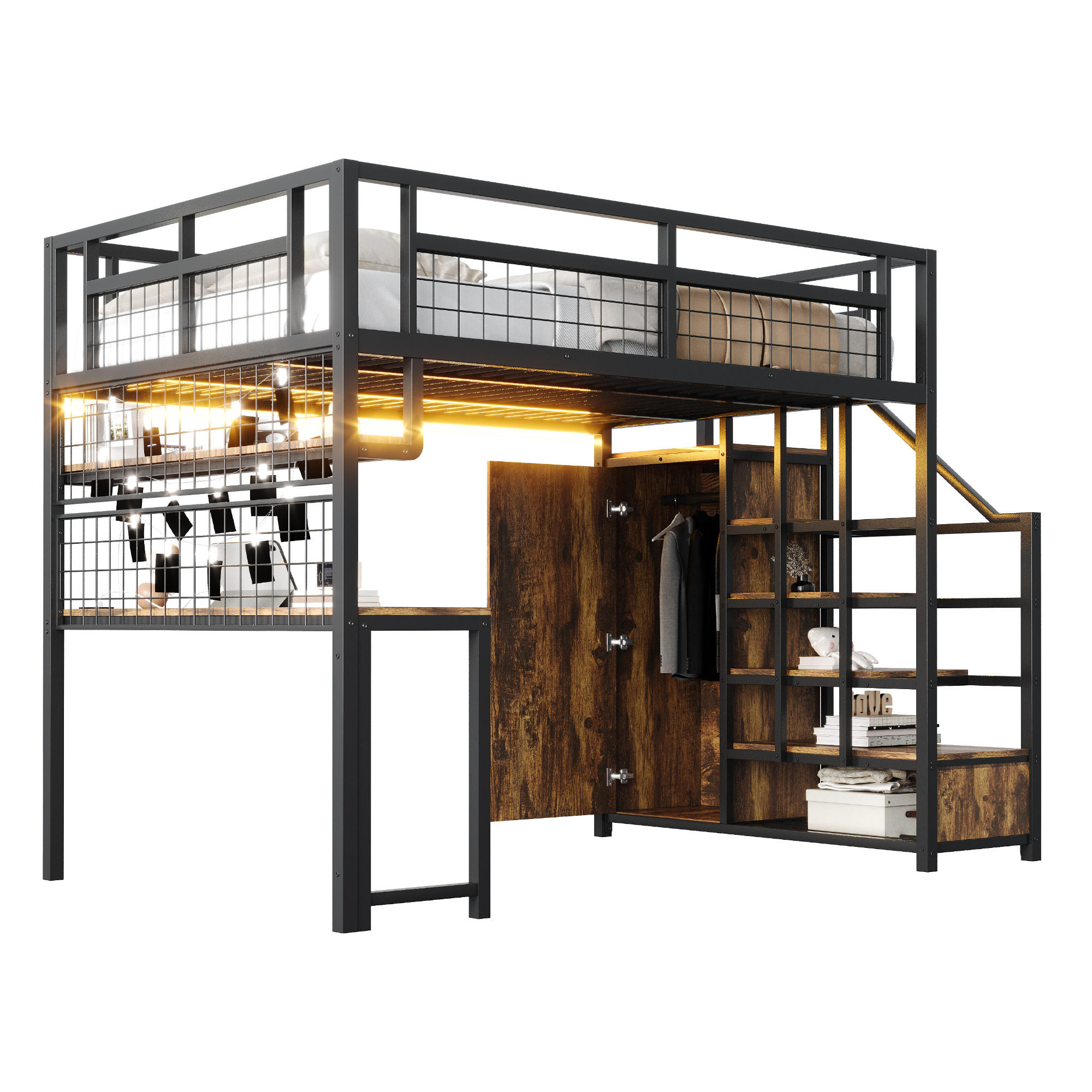 HOCHBETT 140/200 cm in Schwarz mit Stauraumtreppe, Kleiderschrank, Tisch und Steckdose - Schwarz, Holzwerkstoff/Metall (140/200cm) - WISHDOR