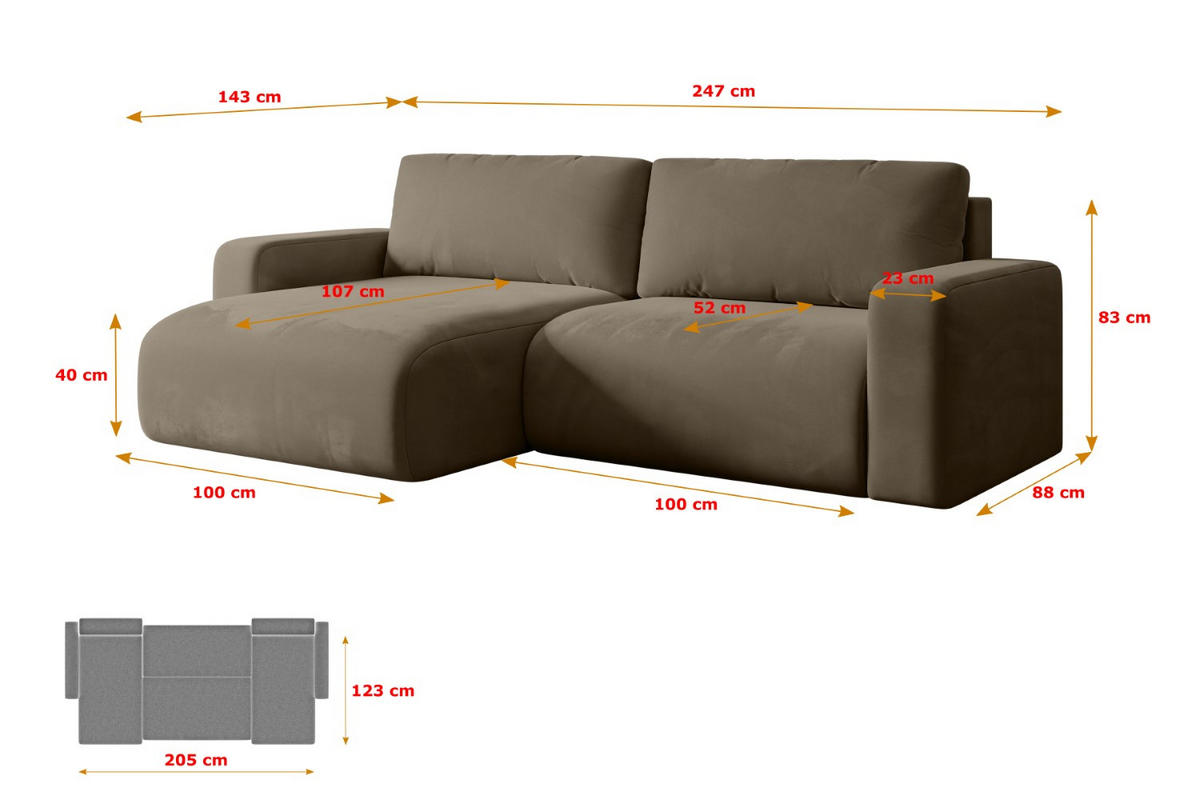 ECKSOFA mit Schlaffunktion und Bettkasten KLEEA-L - 247x143x83 cm Braun Velours - Schwarz/Braun, Holzwerkstoff/Kunststoff (247/143cm) - ALTDECOR