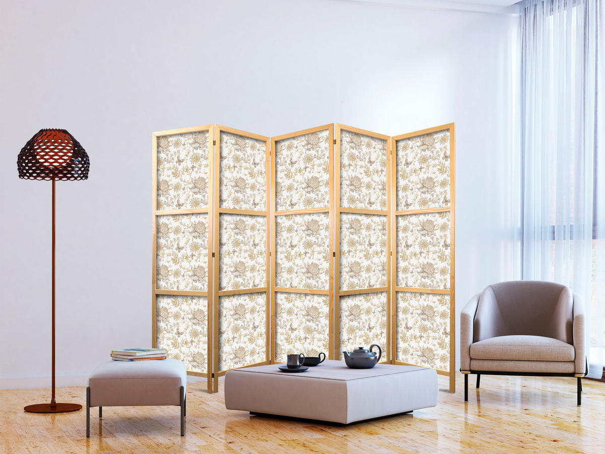 PARAVENT Japanischer 5-tlg 225x172 cm Beige Blumen - Beige, Holz/Textil (225/172/3cm) - Muralo