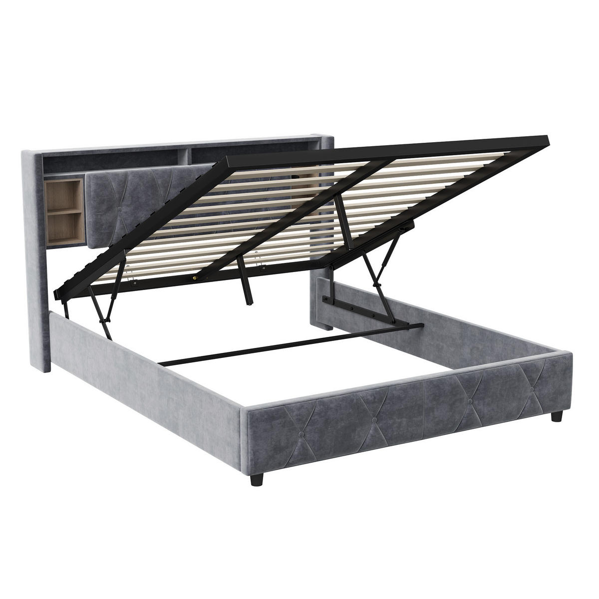 POLSTERBETT 140/200 cm mit Stauraum‑Kopfteil, LED‑Beleuchtung & USB‑Anschluss, Samtbett mit integrierter Ablage - Grau, Holz/Metall (140/200cm) - Joyfair