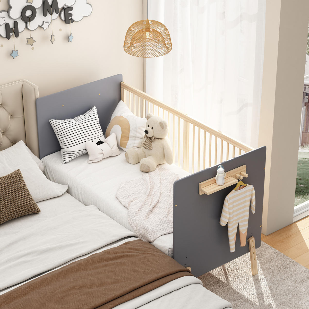 BABYBETT 163x80x92cm Blaugrau + Natur Massivholz 3-Stufen Höhenverstellung - Blau, Holz - FLIEKS