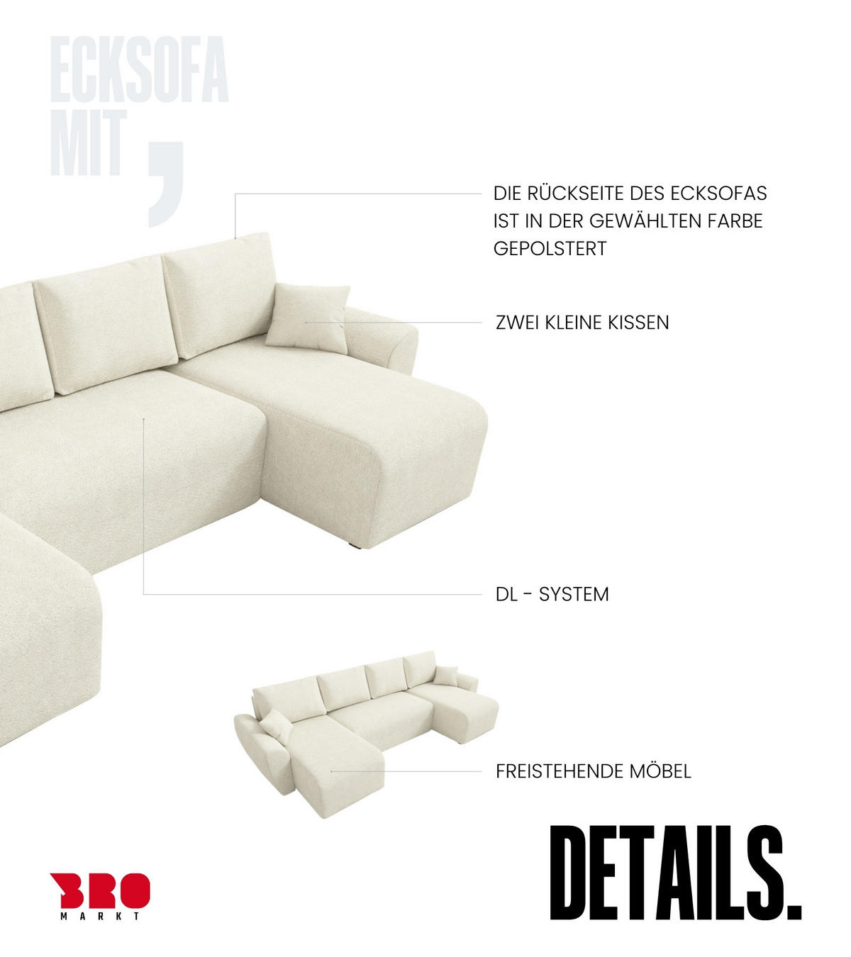 WOHLANDSCHAFT Rotterdam U mit Schlaffunktion Beige Bouclé - Beige, Textil (310/80/141cm) - Bromarkt