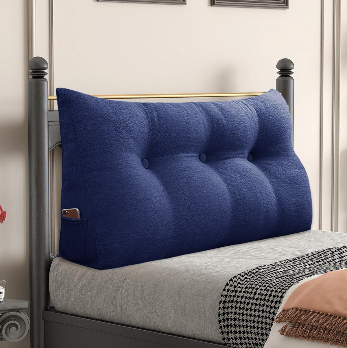 RÜCKENKISSEN für Bett Leinenlook Blau 100 cm - Blau, Textil (50/100cm) - Vercart