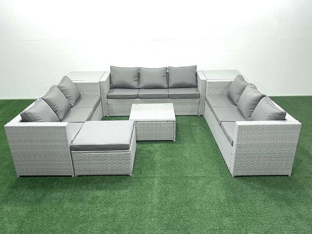GARTENMÖBELSET mit 3-SITZER SOFA,COUCHTISCH Polyrattan Hellgrau-Mix 10-Sitzer - Hellgrau/Grau, Glas/Kunststoff - Fimous