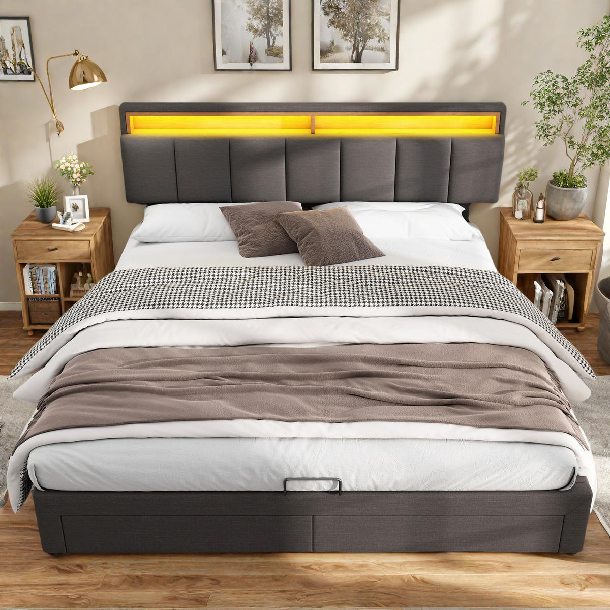 POLSTERBETT 160x200 cm Grau Leinen LED 2 Schubladen - Grau, Holz (160/200cm) - SHOPENTRA