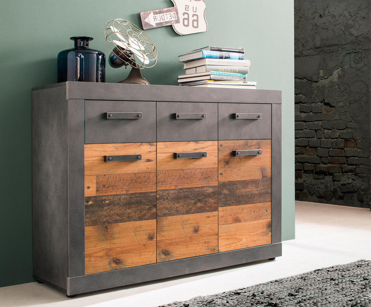 SIDEBOARD Used Wood Altholz Design mit Grau 117 cm, Kommode mit viel Stauraum - Silberfarben/Schwarz, Holzwerkstoff/Kunststoff (117/86/37cm) - Top.Furn