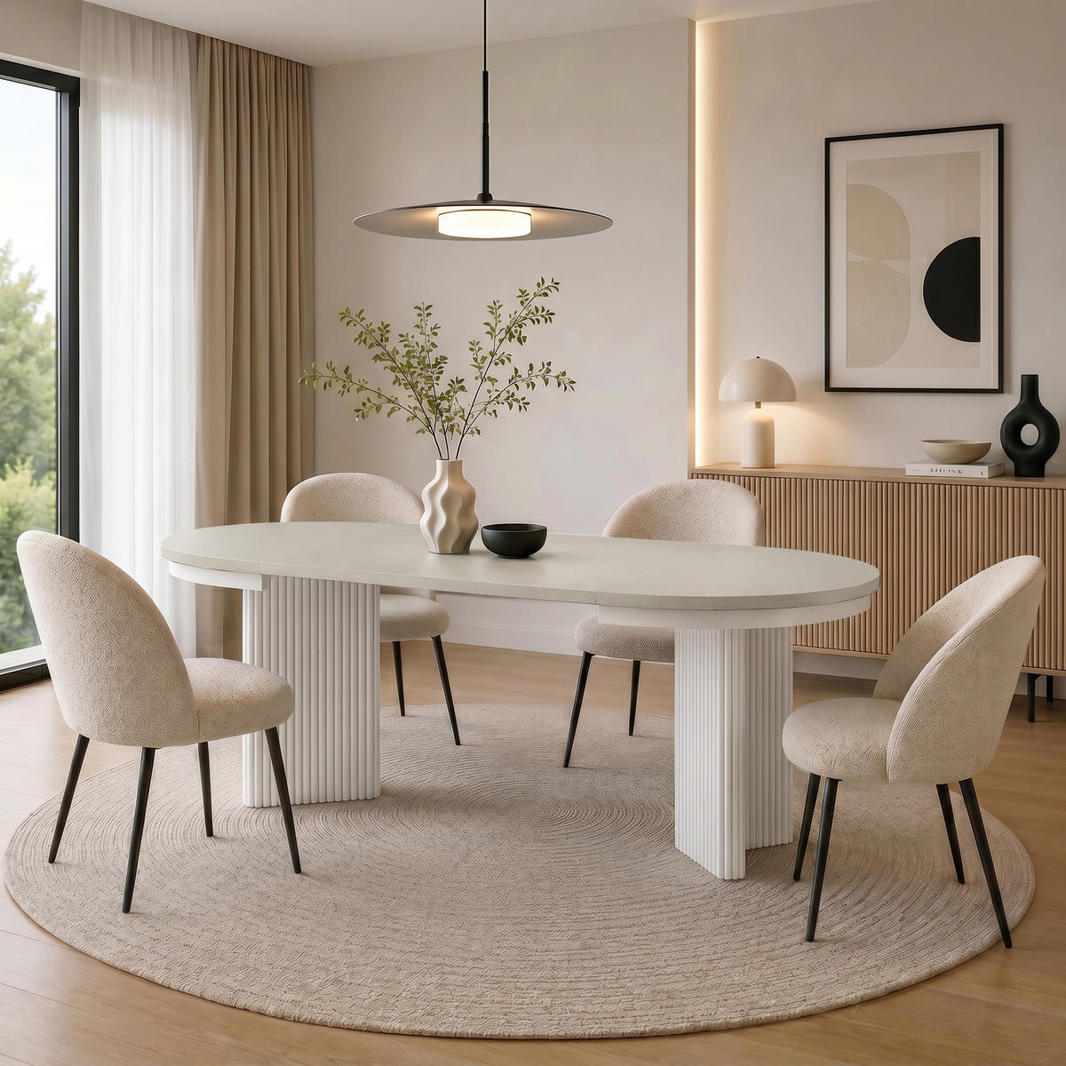 JÍDELNÍ STŮL Prestige, kulatý designový stůl, rozkládací Ø 100–180 cm, kašmír + bílá - bílá/kašmírová, kov (100/100/77cm) - Beautysofa