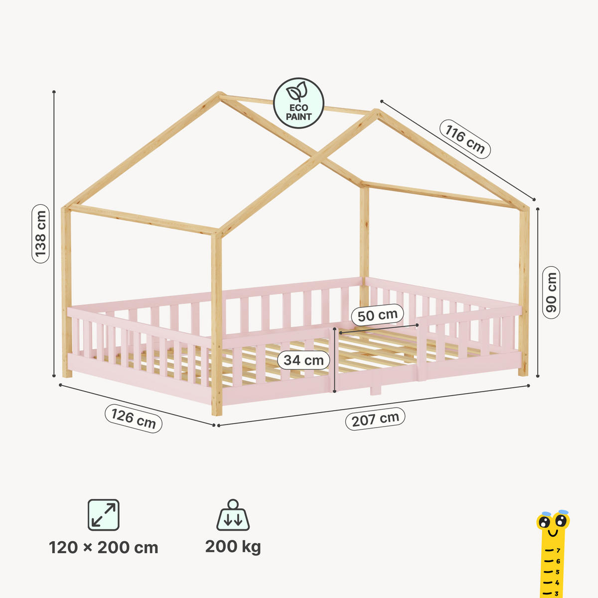 HAUSBETT Treviolo - Pink/Naturfarben, Holz (120/200cm) - [en.casa]