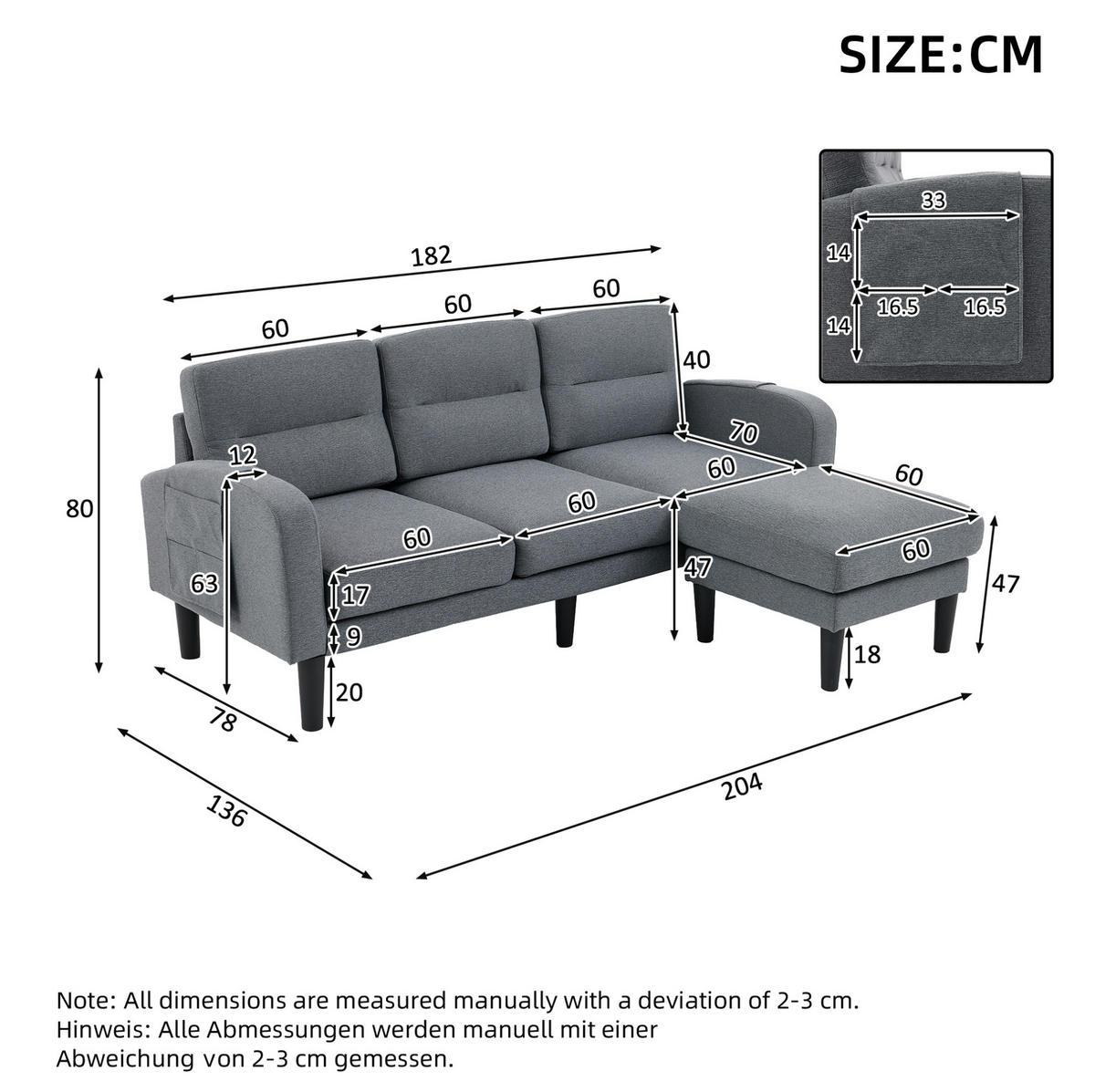 ECKSOFA 204/136/80 cm aus Stoff mit Chaiselongue und seitlichen Aufbewahrungstaschen Grau - Grau, Textil (136/204cm) - Modenvie