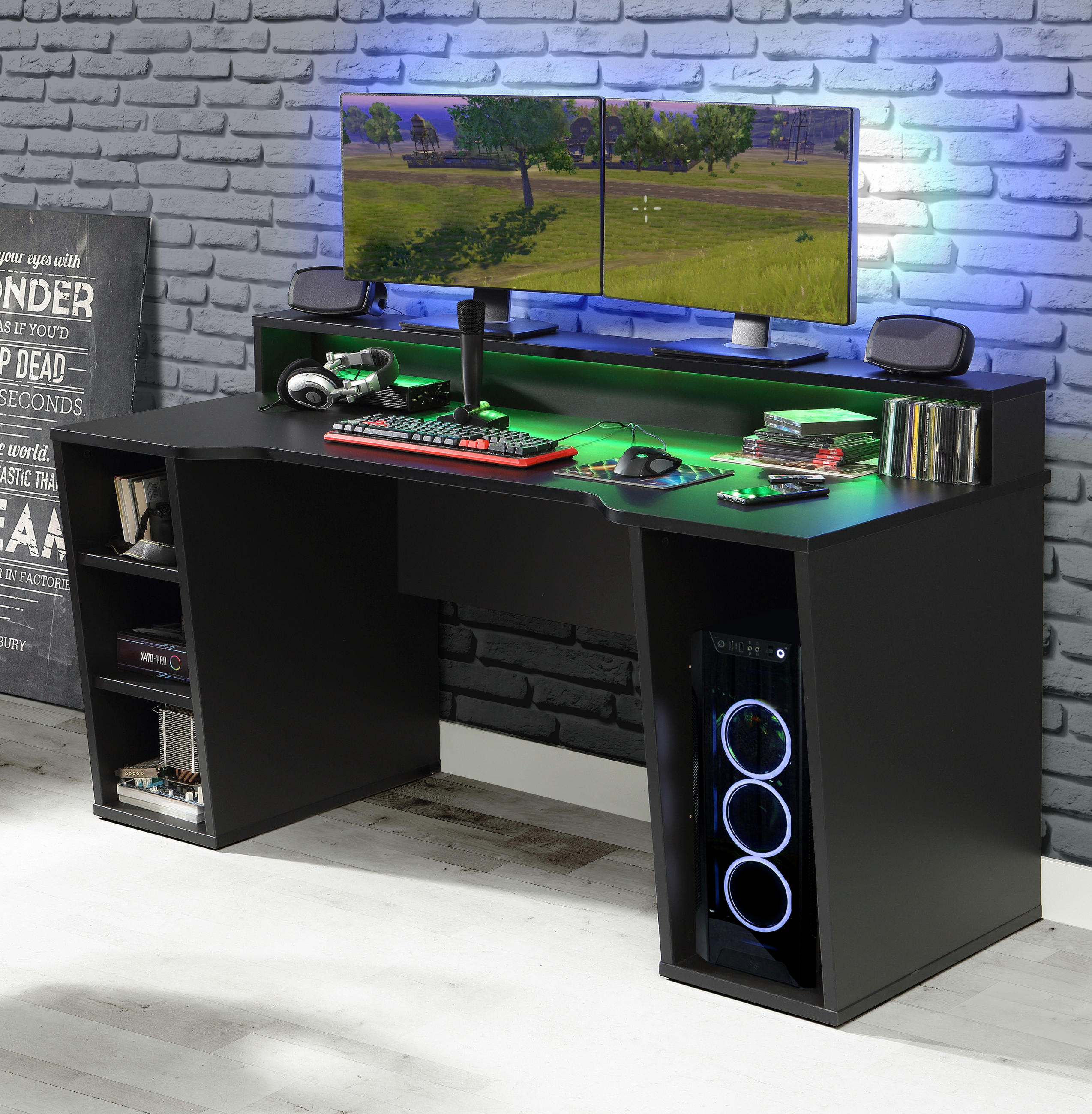 GAMING TISCH Tezaur in Schwarz, Schreibtisch inklusive Beleuchtung 160 cm breit - Schwarz, Holzwerkstoff (91/160/72cm)