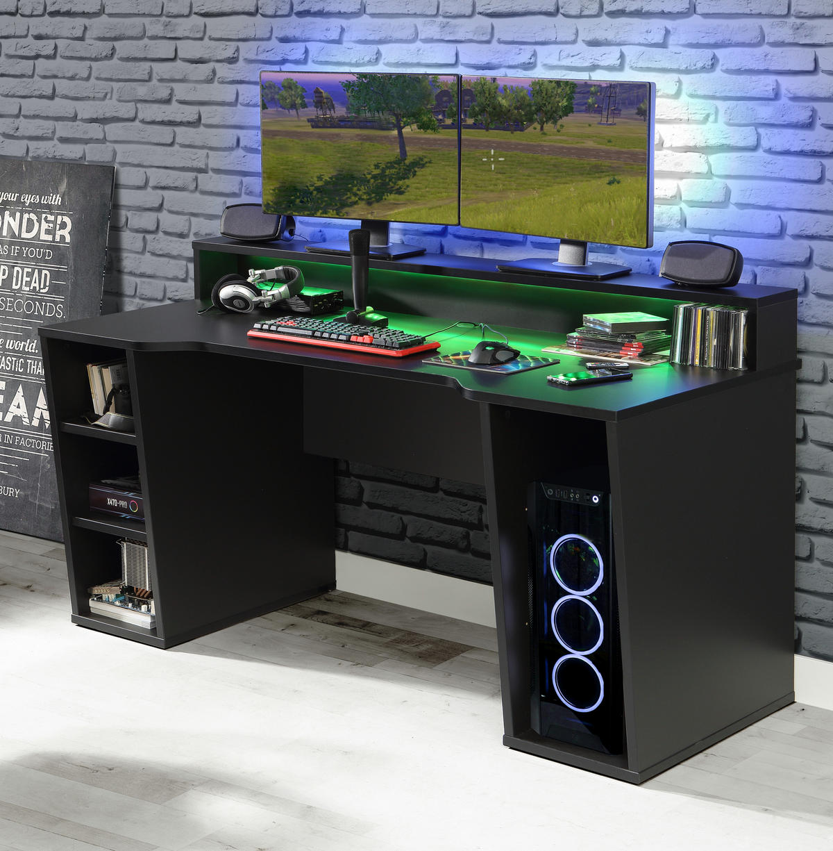 JUGENDZIMMER Tezaur "Jacky" in Schlammeiche, Schwarz und Schwarzeiche 5 teilig mit RGB LED, Lattenrost und Matratze - Braun, Holzwerkstoff (120/200/80cm)
