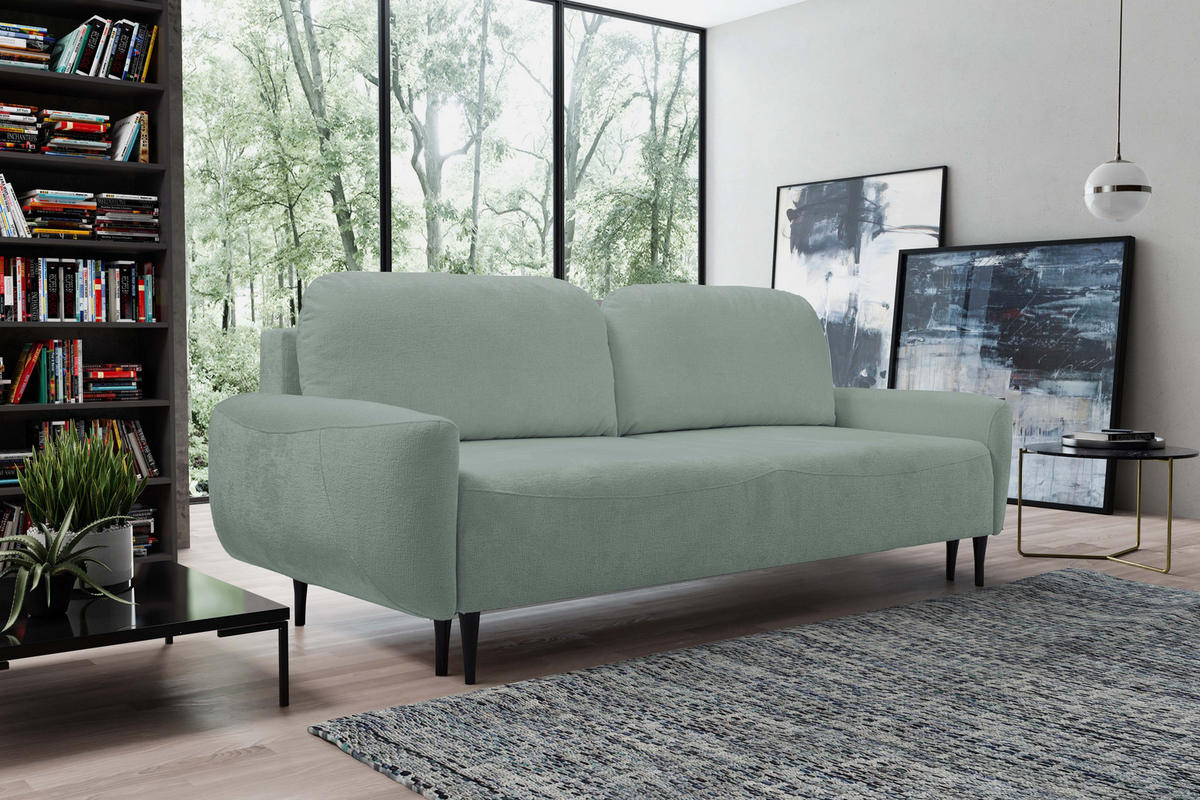 SOFA BOHO Mit Schlaffunktion Und Bettkasten, Wellenfederung, PUR-Schaum, Holzfüße, lose Rückenkissen, freistehend, 244x102x92 cm Mint green - Mintgrün, Holz/Textil (244/92/102cm) - DomoHome
