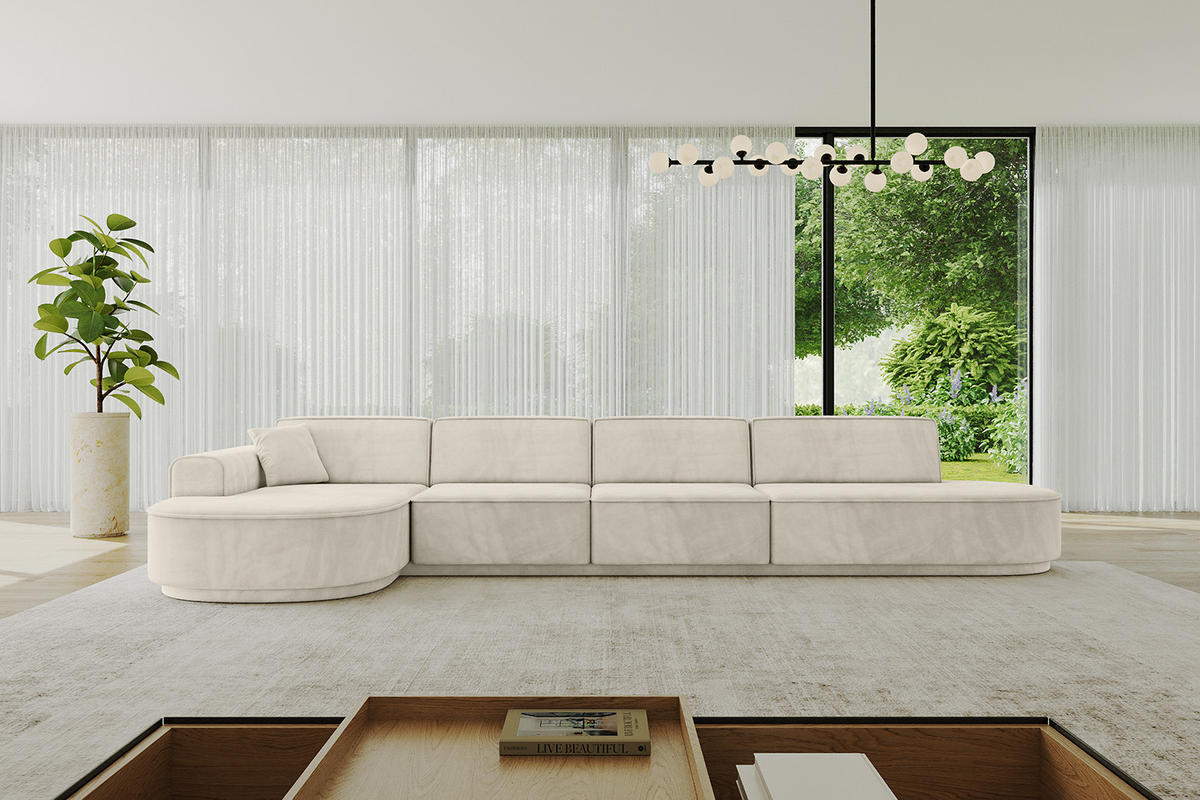ECKSOFA Ottomane Links MARI-L3-v3 - 413x171x83 cm Ecru Velours - Ecru/Schwarz, Holzwerkstoff/Kunststoff (413/171cm) - ALTDECOR