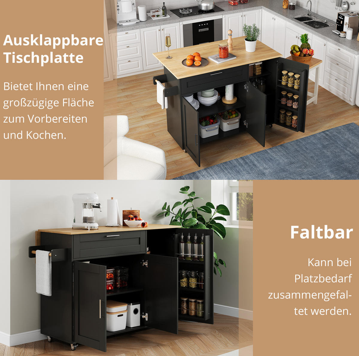 KÜCHENINSEL 132,5/90/44(70) cm Schwarz/Natur aus MDF mit klappbarer Arbeitsplatte - Schwarz, Holzwerkstoff (44/90/132.5cm) - OKMYHOME