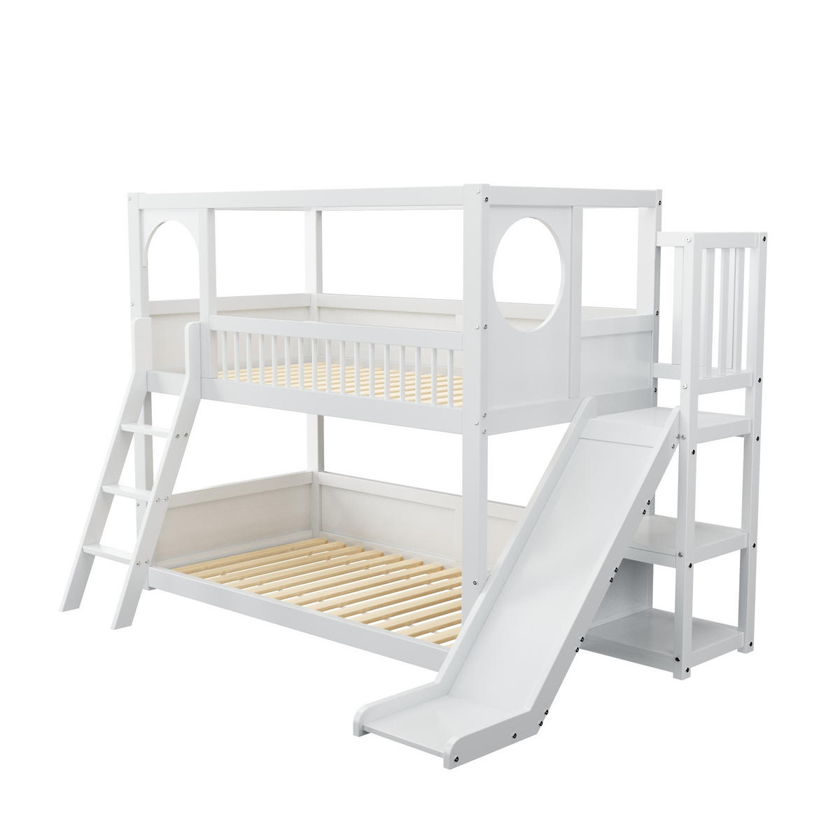 ETAGENBETT 90/200 cm mit Rutsche, Regalen und Stauraum aus Kiefern , Weiß - Weiß, Holzwerkstoff (90/200cm) - Redom