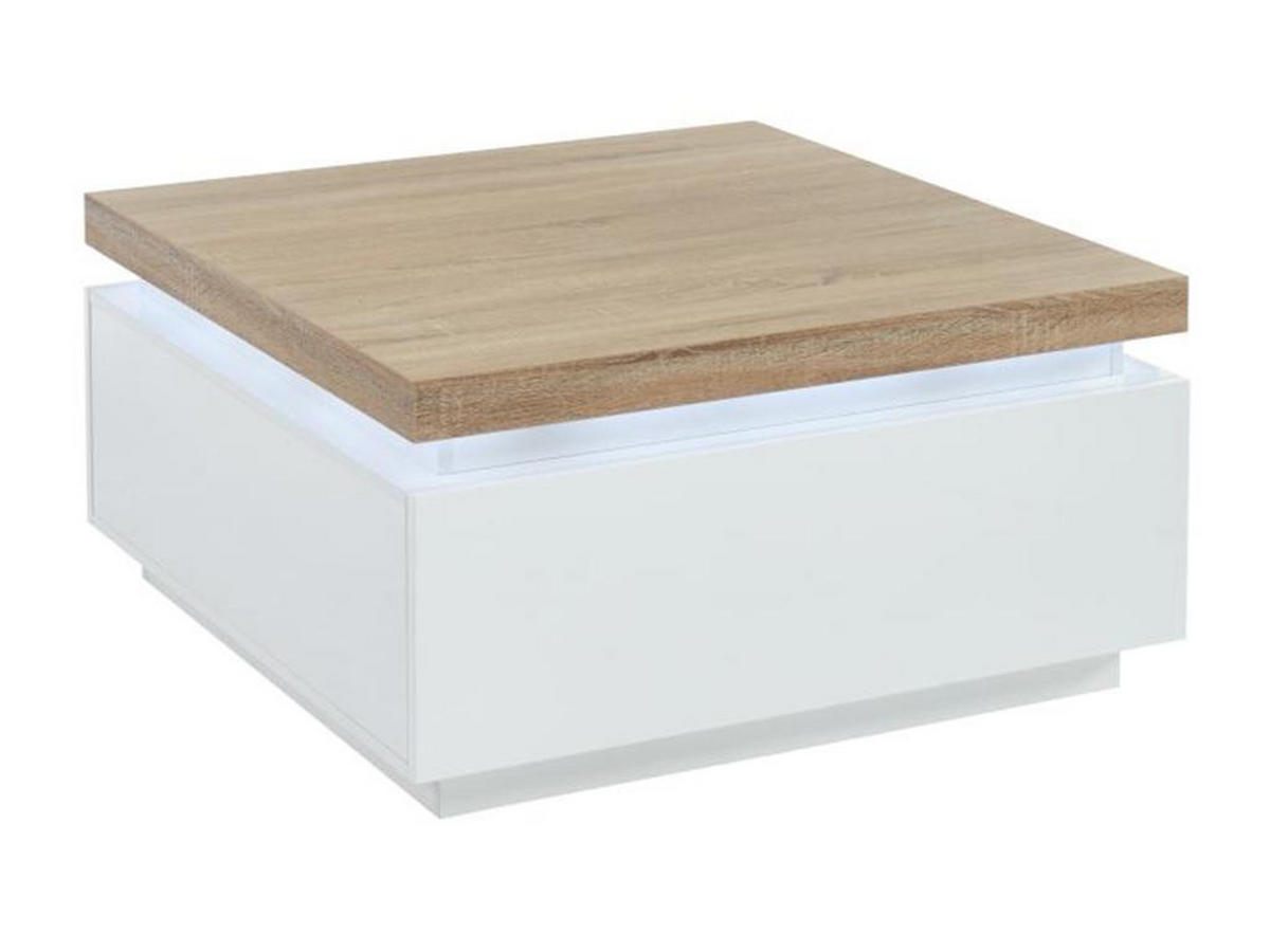 COUCHTISCH mit 2 Schubladen & LEDs - MDF lackiert - Weiß & Eichefarben - HALO II - Naturfarben, Holz (90/90/45cm) - Vente-Unique