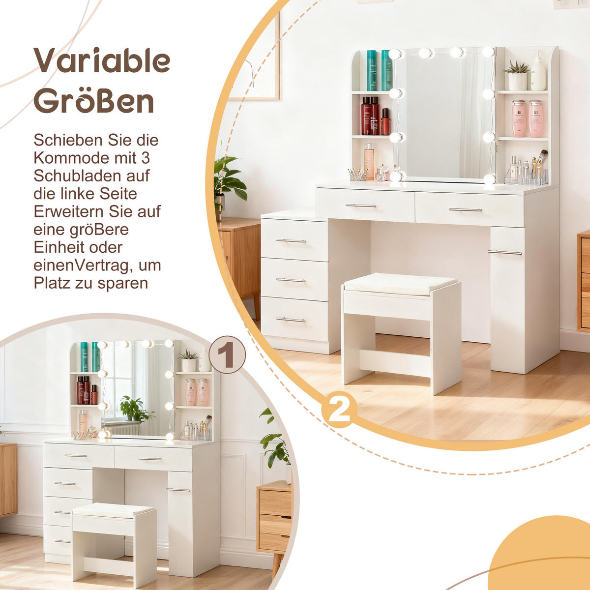 SCHMINKTISCH 40,5/100/136 cm Weiß 10 LEDs mit Spiegel Stauraum aus MDF - Weiß, Holzwerkstoff (40.5/136/100cm) - OKWISH