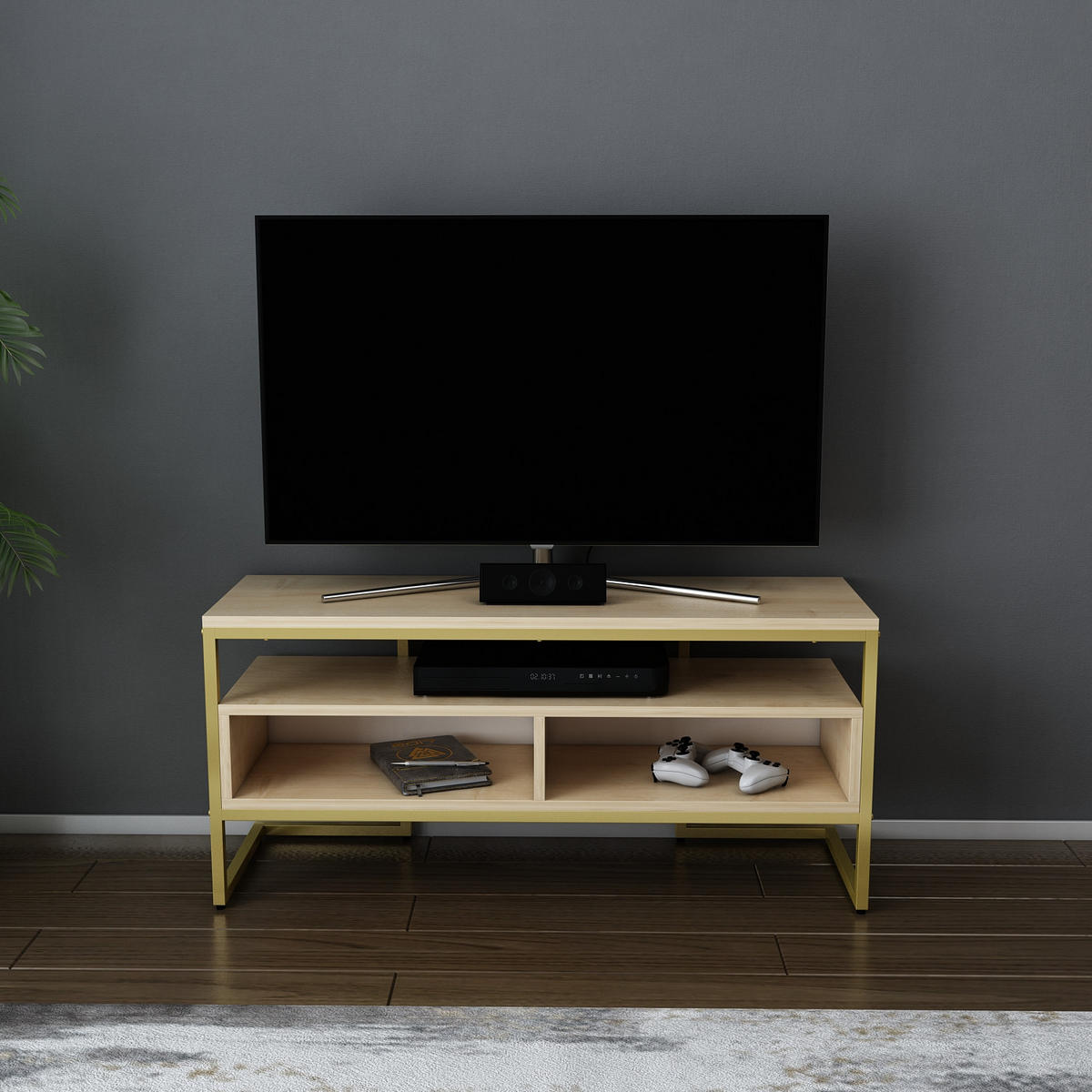 TV-ELEMENT Merrion Gold und Eiche Safir - Eichefarben/Goldfarben, Holzwerkstoff (111/51/35cm) - Decorotika