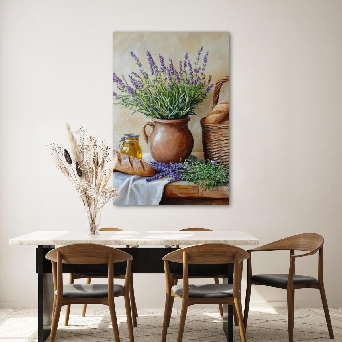 LEINWANDBILD Lavendel - Brot - Stilleben 80x120 cm - Flieder, Textil (80/120cm) - MuchoWow