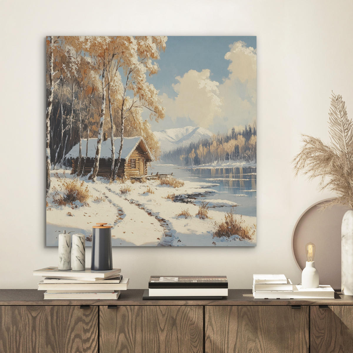 AKUSTIKBILD Winter - Schnee - Zuhause - Natur Wandbilder 60x60 cm - Hellbraun, Kunststoff (60/60/0.9cm) - MuchoWow