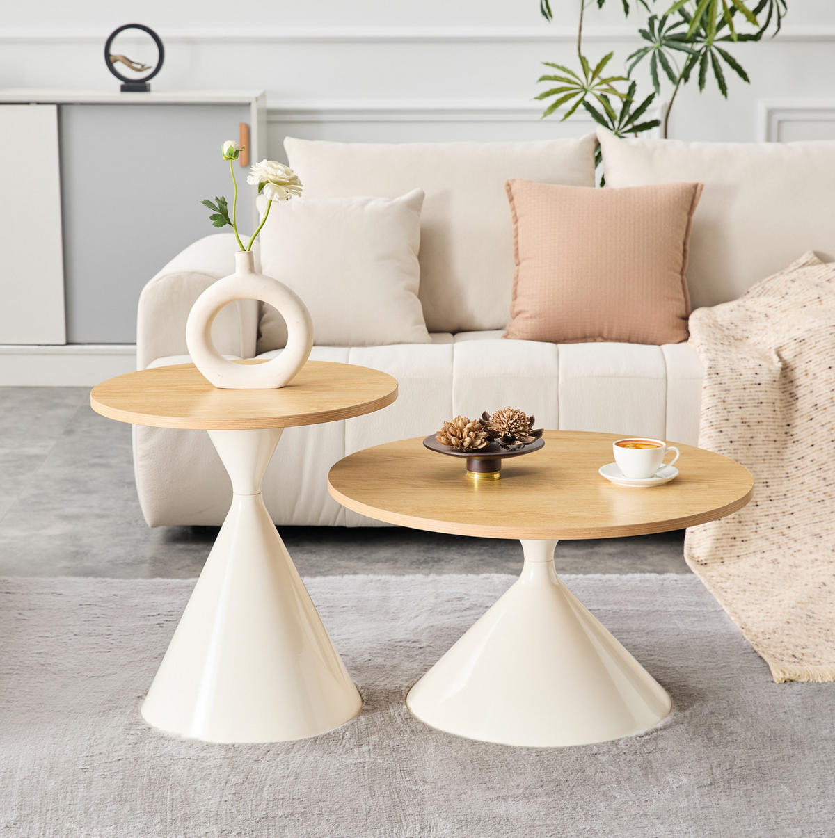COUCHTISCH-SET aus MDF und Metall Ø70x40 & Ø50x55 cm Holzoptik/Weiß - Eichefarben, Metall (70/70/40cm) - IVMEU