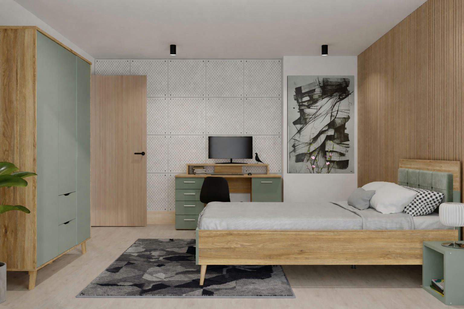 JUGENDZIMMER Salbei in Mauvella Eiche und Salbei 4 teilig Kinderzimmer Komplett Set - Braun, Holzwerkstoff (80/200/120cm)