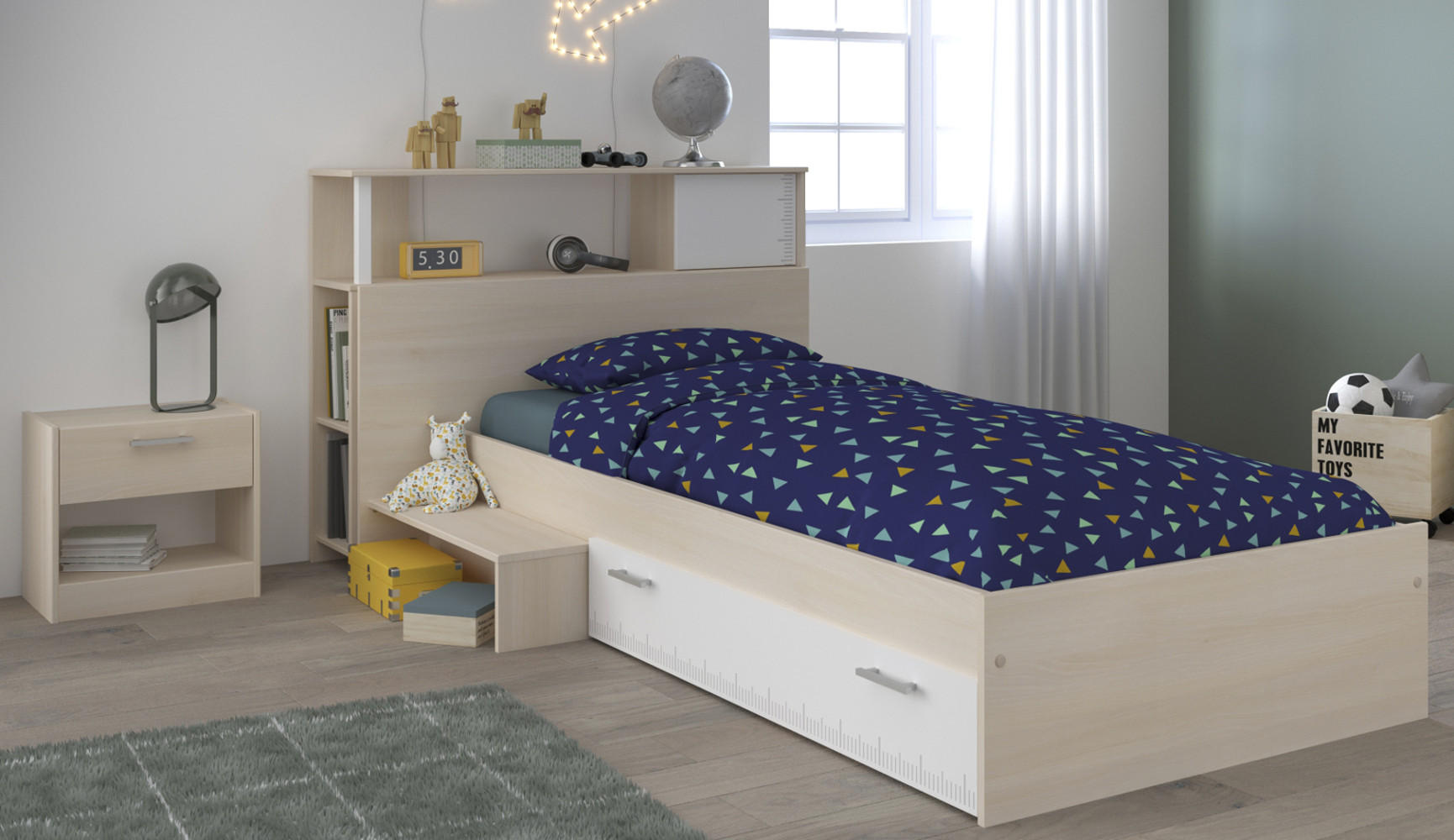 KINDERZIMMER Set 3-tlg. mit Regal Nachttisch und Bett 90 x 200 - Silberfarben/Weiß, Holz/Holzwerkstoff (203/93/123cm) - Parisot Meuble