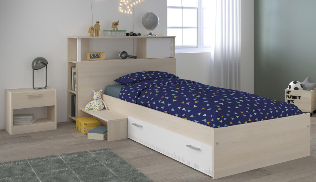 KINDERZIMMER Set 3-tlg. mit Regal Nachttisch und Bett 90 x 200 - Silberfarben/Weiß, Holz/Holzwerkstoff (203/93/123cm) - Parisot Meuble