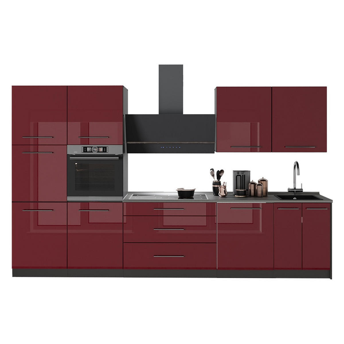 KÜCHENZEILE Fame-Line, Bordeaux Hochglanz/Anthrazit, 340 cm ohne Arbeitsplatte - Bordeaux/Anthrazit, Holzwerkstoff (340/206.8/51.6cm) - Vicco