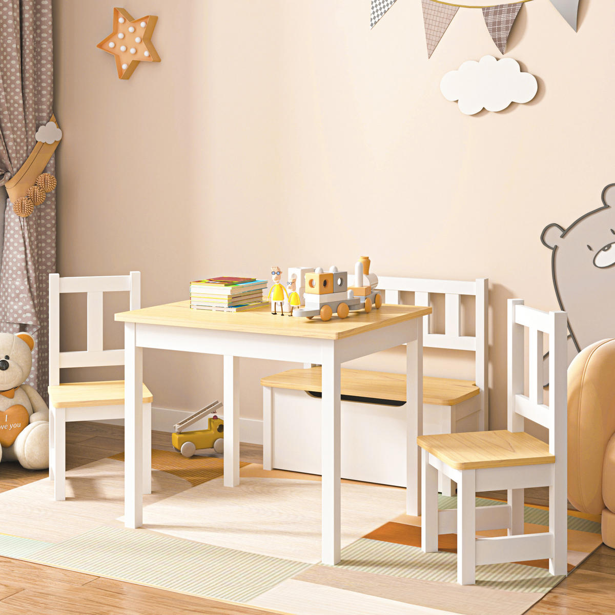 KINDERTISCHSET Lousame - Weiß, Holz (110/50/48cm) - [en.casa]