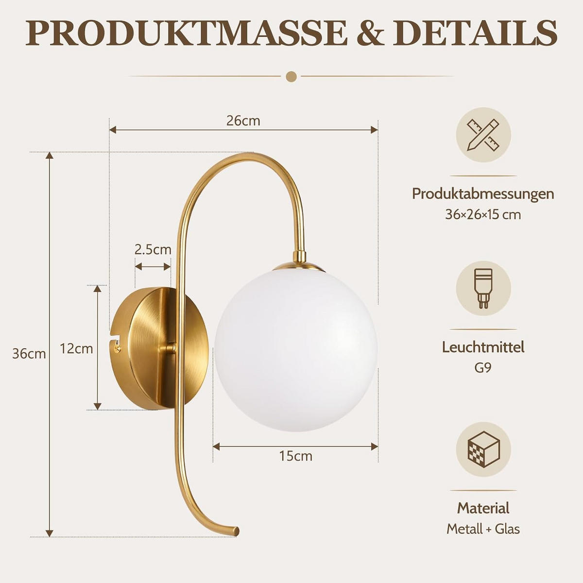 WANDLEUCHTE Erfurt II 26x15x36cm - Goldfarben, Metall (15/36/26cm) - Nettlife