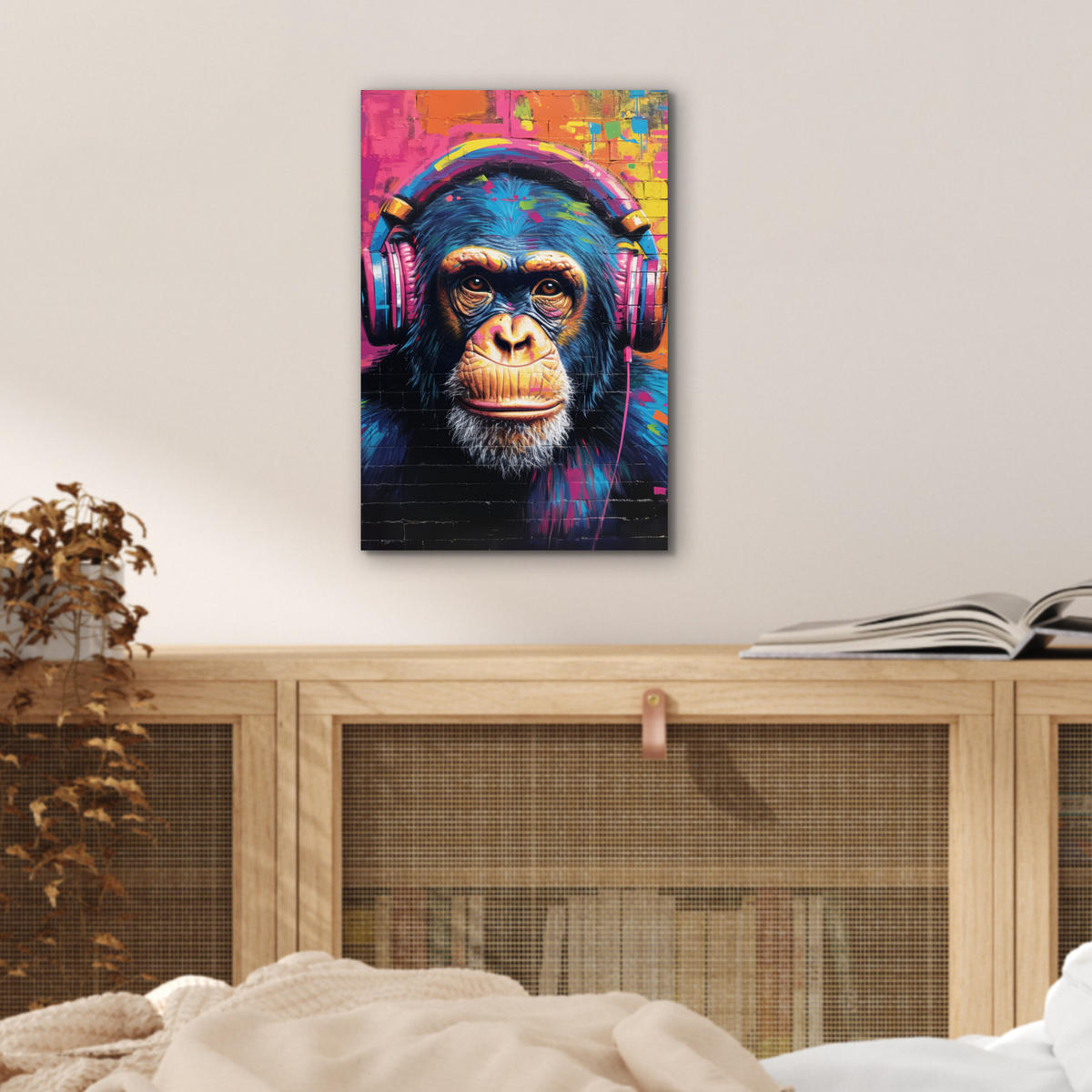 KOVOVÝ OBRAZ Graffiti - Šimpanz - Street art - Slúchadlá - Opica 20x30 cm - modrá, kov (20/30cm) - MuchoWow