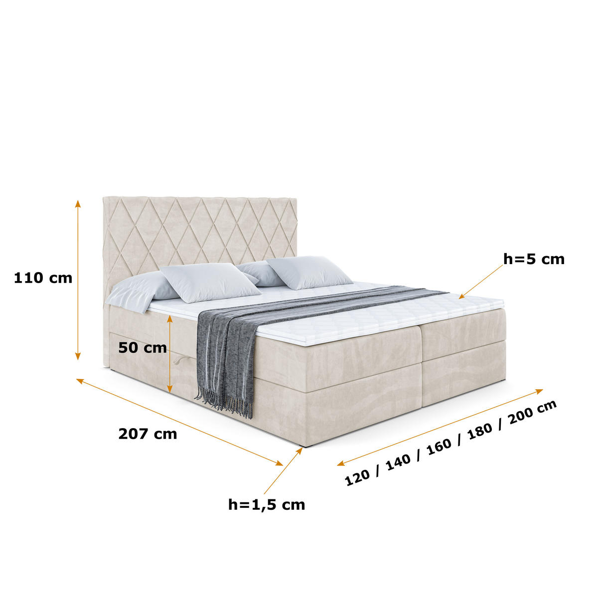 BOXBETT mit H3-Matratze und Lattenrost - LEPARO - 180x200 Ecru - Ecru, Holzwerkstoff (180/200cm) - ALTDECOR