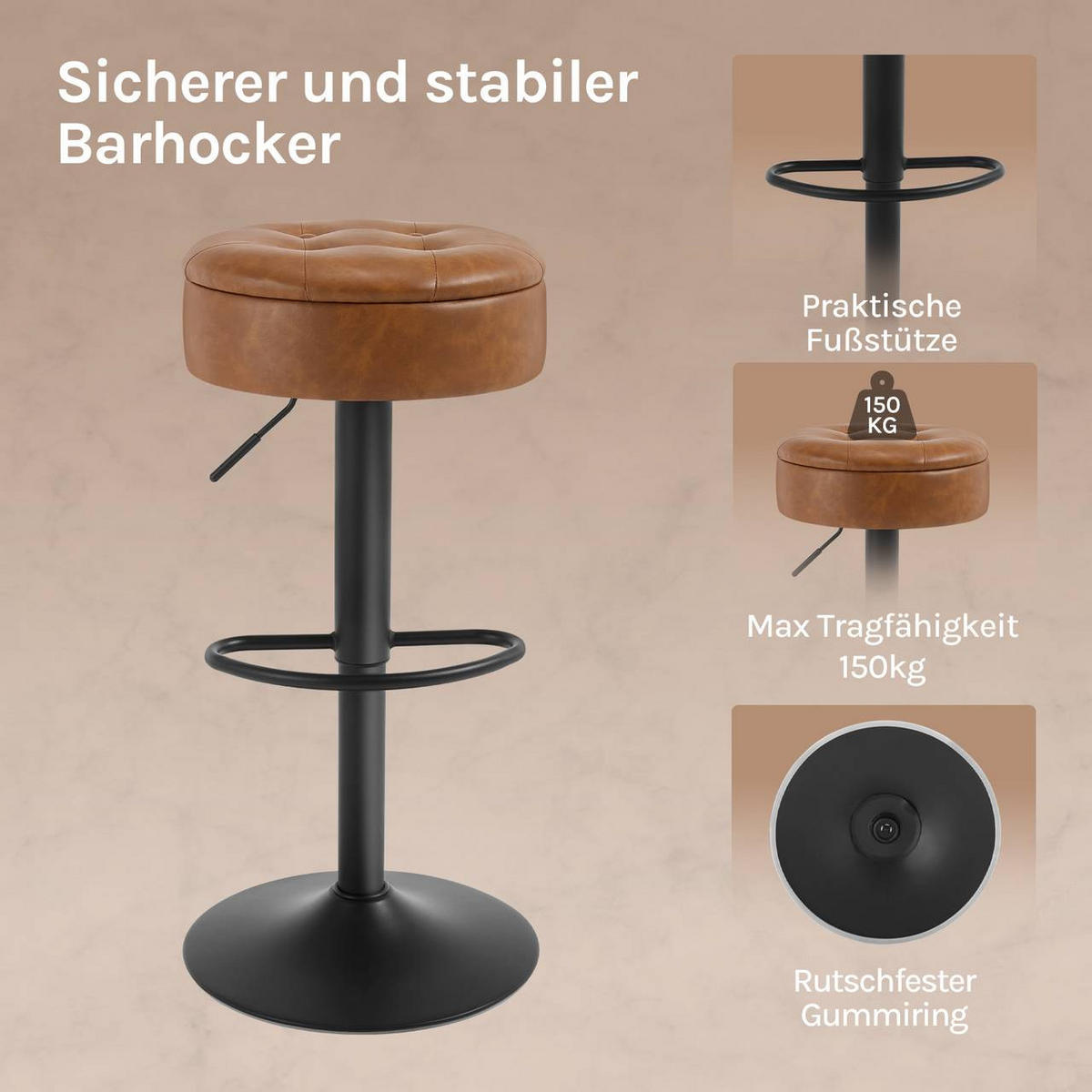 BARHOCKER 4er Set, drehbar, Kunstleder, Braun - Schwarz/Braun, Kunststoff/Metall (39/60.5/39cm) - Woltu