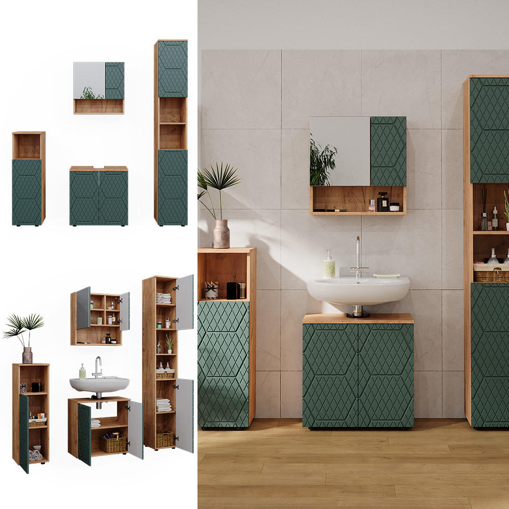 BADMÖBEL-SET Irma Grün 4 Teile, mit Hochschrank - Eiche Wotan/Grün, Holzwerkstoff (80/58.6/41cm) - Vicco