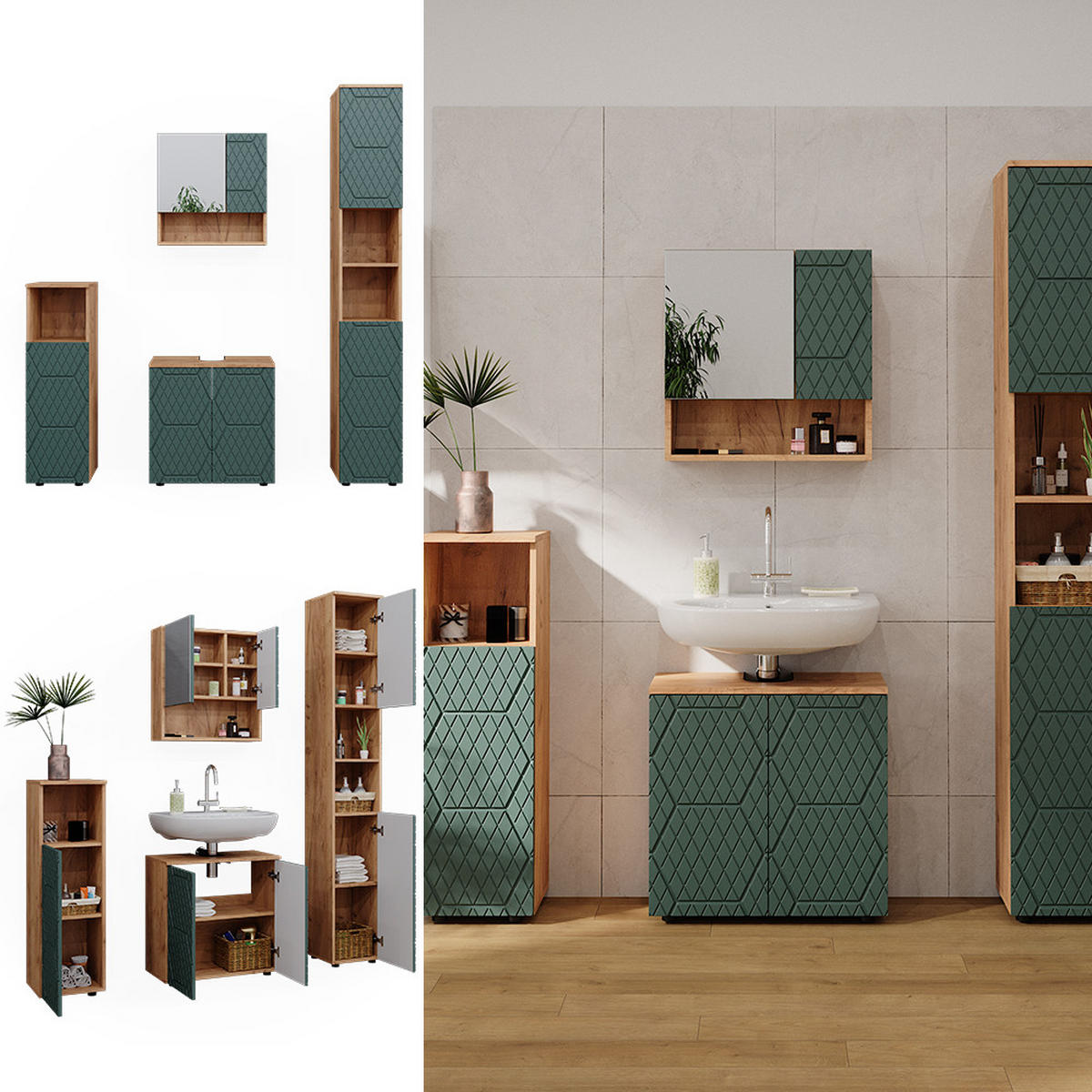 BADMÖBEL-SET Irma Grün 4 Teile, mit Hochschrank - Eiche Wotan/Grün, Holzwerkstoff (80/58.6/41cm) - Vicco