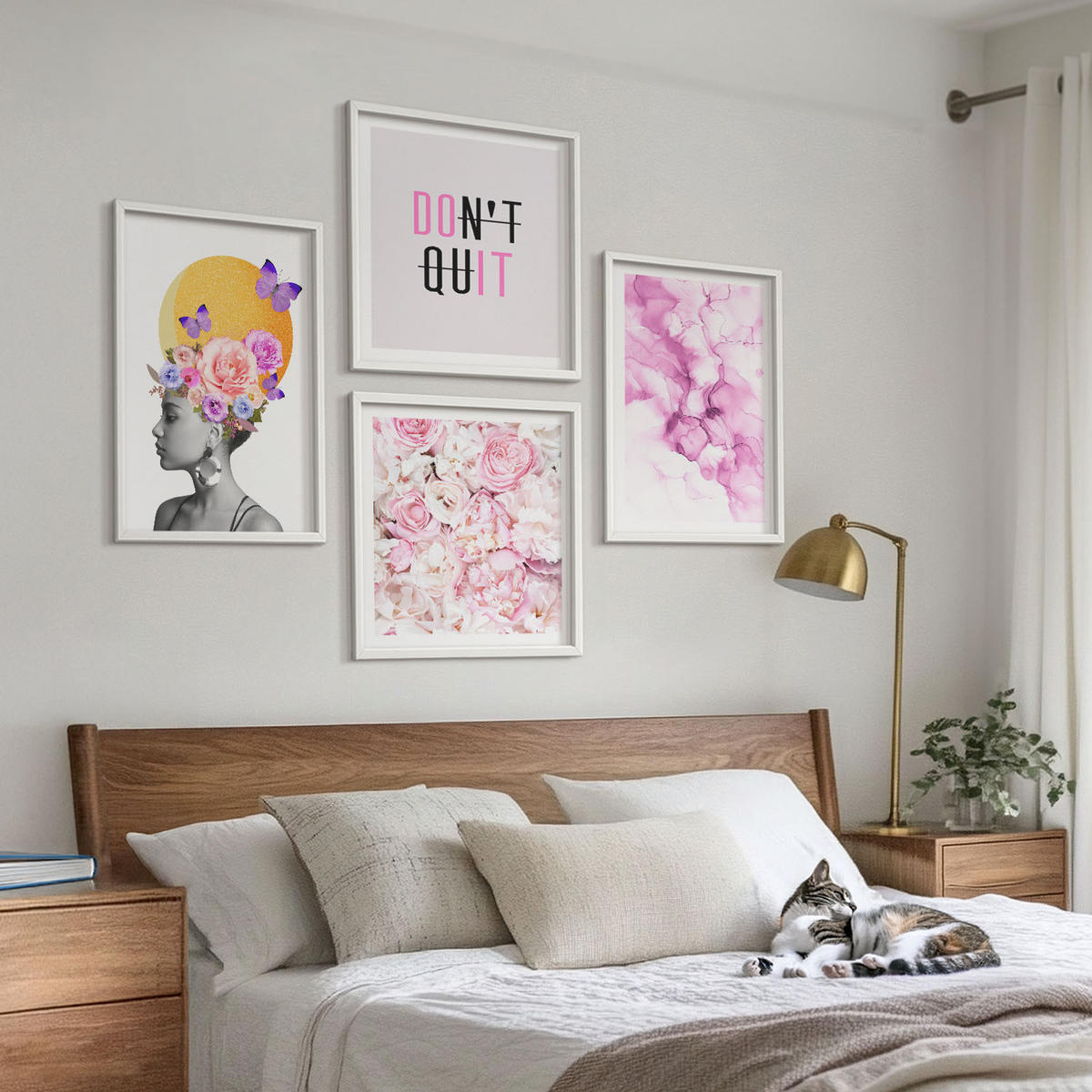 WANDBILDER 4er-Set - 50x50 cm & 40x60 cm Weißer Rahmen - Abstraktes Blumenporträt einer Frau - Weiß, Kunststoff (50/50cm) - ArtPrintCave