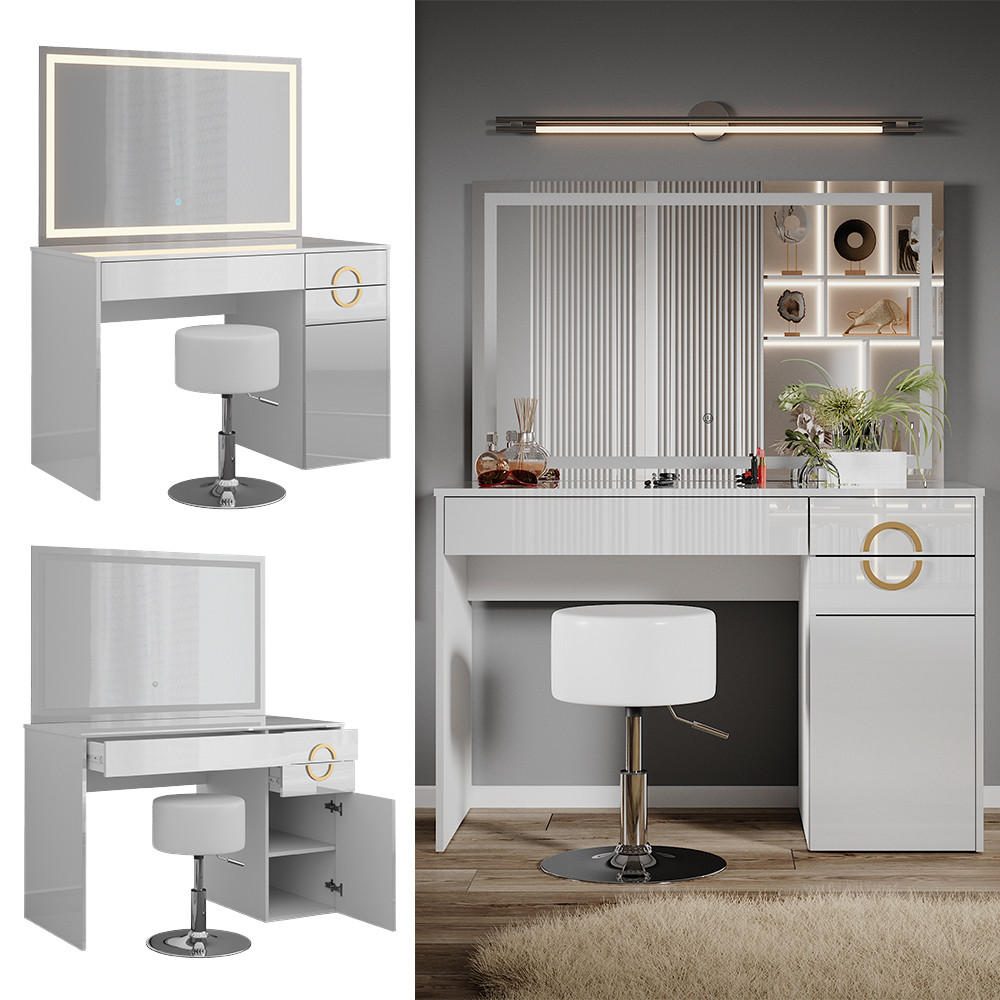 SCHMINKTISCH Adela Weiß 115 cm mit LED Spiegel und Hocker - Weiß, Holzwerkstoff (115/76.4/55cm) - Vicco