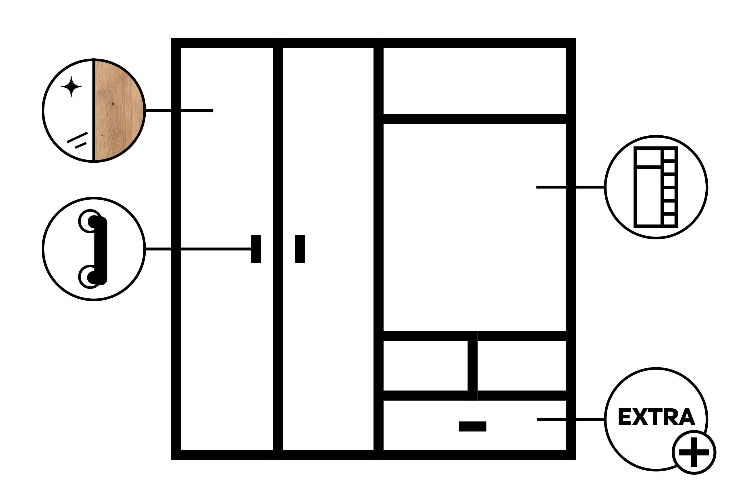 Schwarz-weiße Linienzeichnung eines Schranks mit zwei Türen, Schubladen und Symbolen für Holzstruktur, Griff, Filmstreifen und ein Extra-Plus-Zeichen