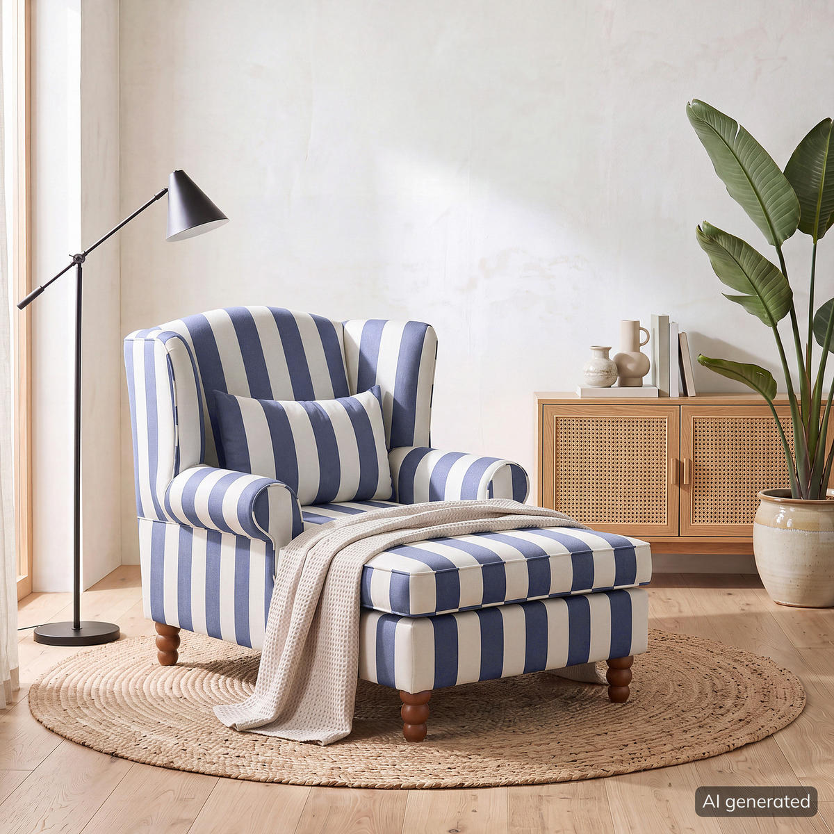OHRENSESSEL - Webstoff - Blau/Weiß, Holz/Textil (94/95/134cm) - home24