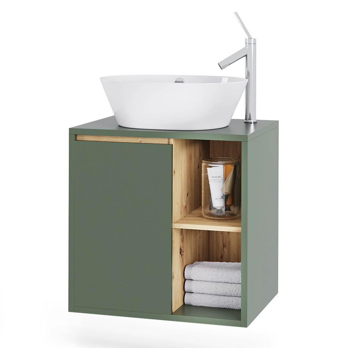 WASCHBECKENUNTERSCHRANK Viola Grün/Artisan 60 x 60 cm mit offenen Regalen - Eiche Artisan/Grün, Holzwerkstoff (60/60/46cm) - Vicco