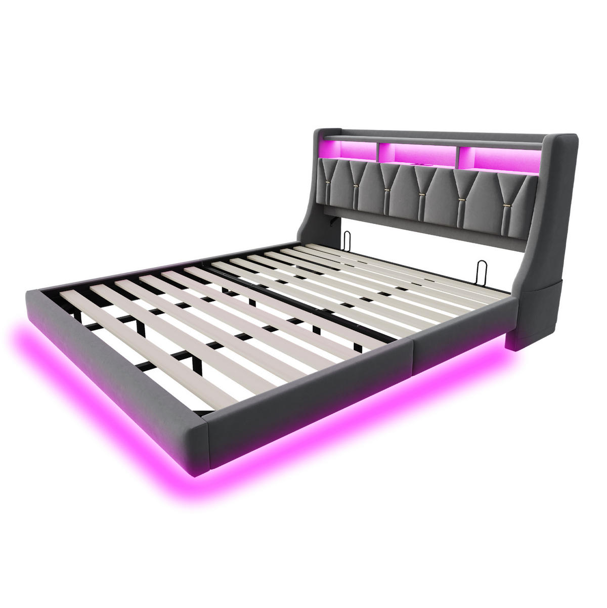 ČALOUNĚNÁ postel 180/200 cm šedá z sametu s LED osvětlením, USB a úložným čelem - šedá, kompozitní dřevo (180/200cm) - OKWISH