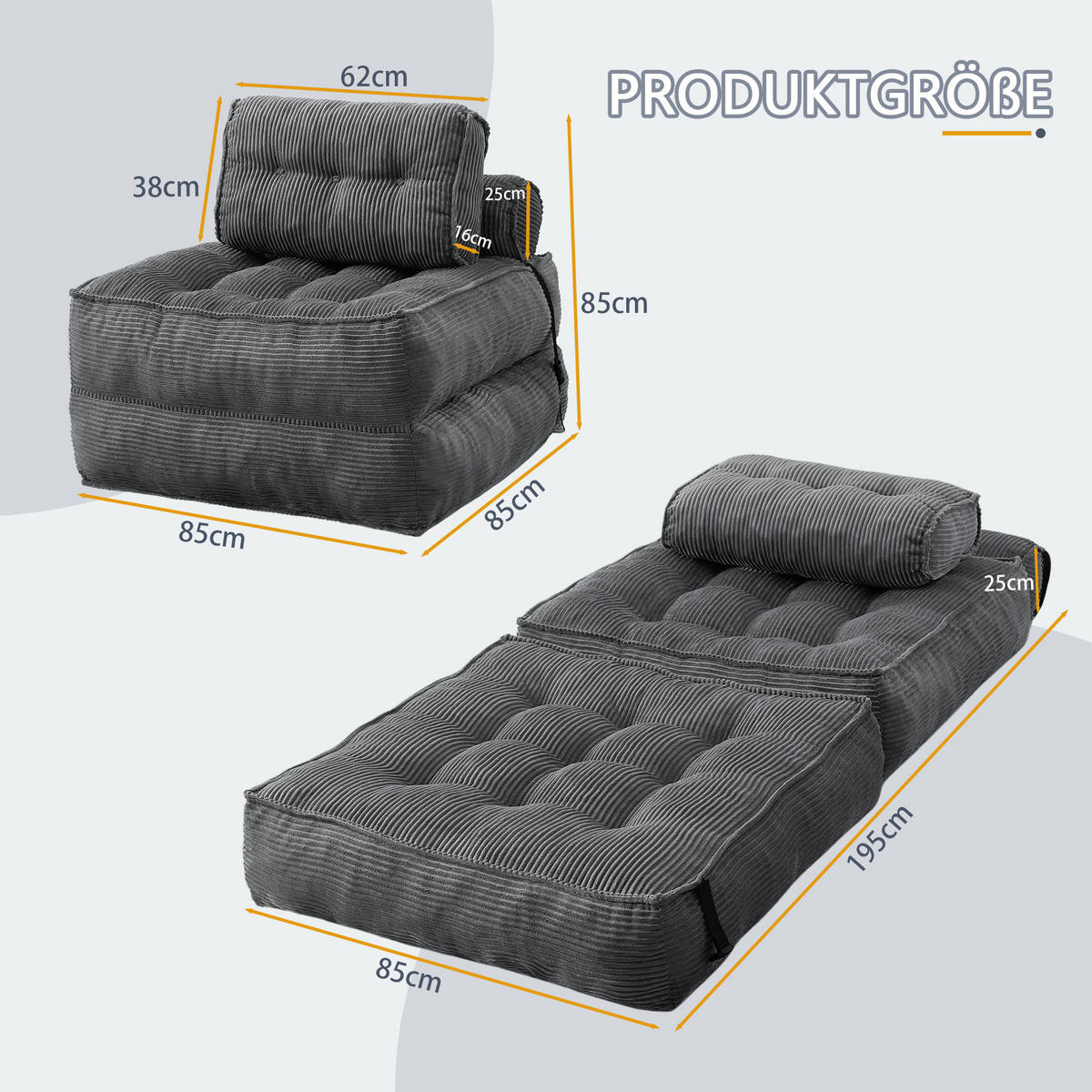SCHLAFSESSEL 2-in-1 aus weichem Cord, klappbar als Loungesessel und Gästebett - Dunkelgrau, Kunststoff (85/85/85cm) - Urban Meuble