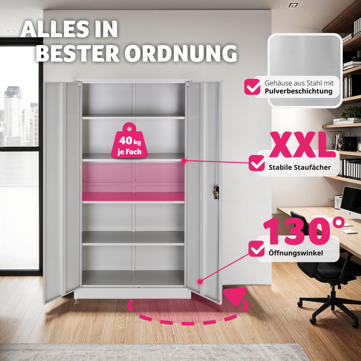 AKTENSCHRANK Blain,180 x 80 x 40 cm,grau - Grau, Metall (40/180/80cm) - tectake