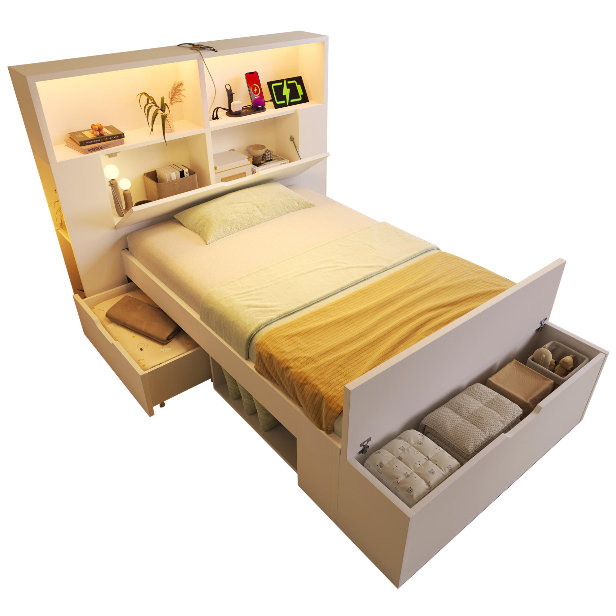 BETT 90x200 cm in Weiß mit LED & USB-C-Ladeanschlüssen - Weiß, Holzwerkstoff (90/200cm) - Modfu