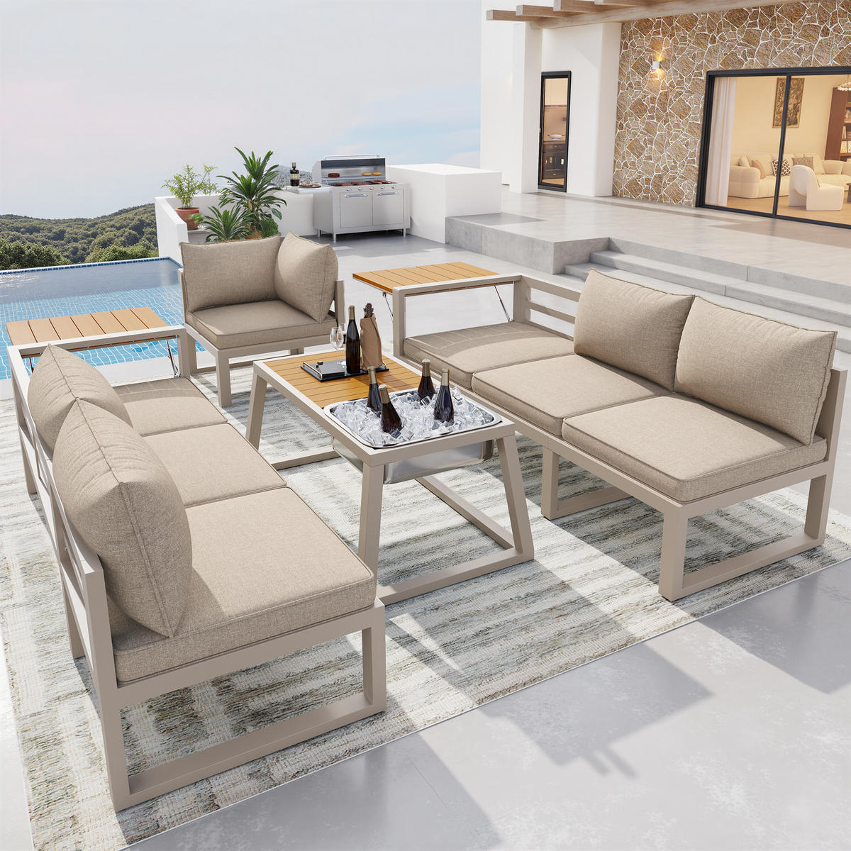 LOUNGEGARNITUR aus Eisen 178x178x62 cm Beige mit verstellbarer Rückenlehne - Beige, Metall - Modfu