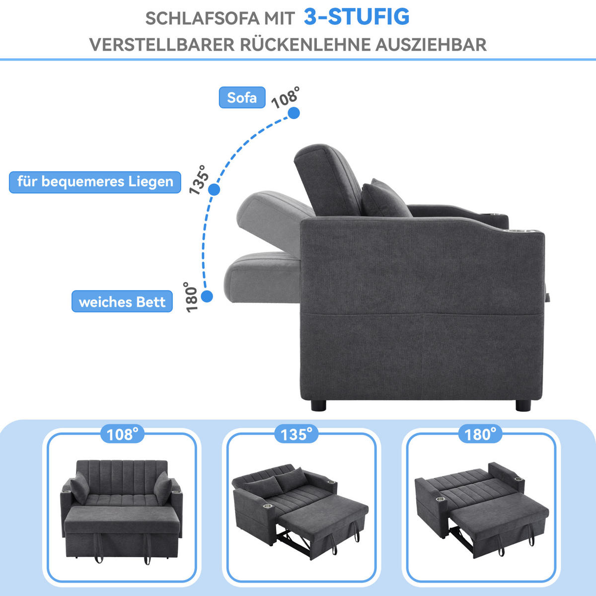 SCHLAFSOFA 2-Sitzer Baumwollstoff mit 3-fach verstellbarer Rückenlehne und Getränkehalter Grau 136/162/84 cm - Grau, Textil (84/136/162cm) - Redom
