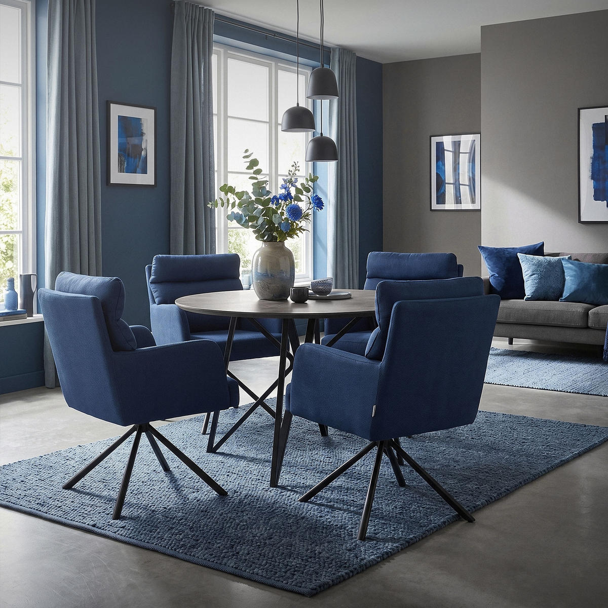 ESSZIMMERSTUHL drehbar Dunkelblau Stoffbezug - Schwarz/Dunkelblau, Textil/Metall (64.5/93/64cm) - ML-DESIGN