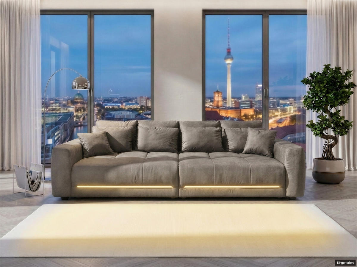 BIG-SOFA Federkern B294/T136/H86 cm, RGB-LED-Beleuchtung mit Fernbedienung, Mikrofaserstoff in Hellgrau / 15416 - Hellgrau/Schwarz, Kunststoff/Textil (294/86/136cm) - luma-home