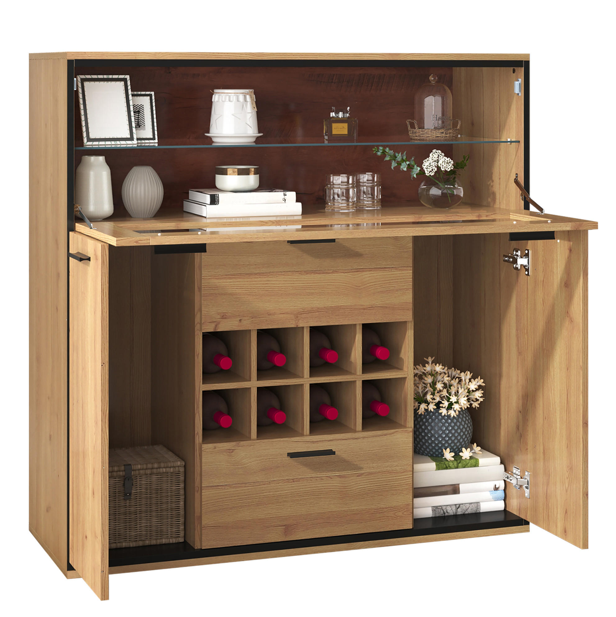 BUFFET 110/38/111 cm aus Spanplatte mit LED-Beleuchtung Naturfarben/Schwarz - Naturfarben, Holzwerkstoff (110/111/38cm) - Modenvie